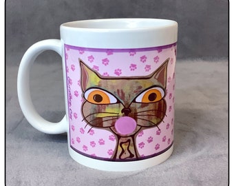 Cat Art Coffee Mug, Bubble Gum Cat Mug, Outsider Art Cat, Original Art Cat Lovers Mug, Gift for Cat Owners, Cute Cat Coffee Mug, Pink Mug