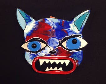 Ugly Cat #5-Funky Outsider Folk Art Cat Head Wall Decor, Comical Cat Wall Hanging, Ugly/Cute Cat Wall Art, Cat Lover Art