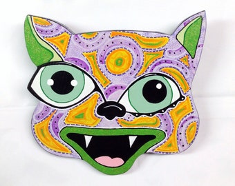 Outsider Folk Art Cat Head, "Funky Happy Cat", Comical Hand Painted Cat Wall Hanging,   Abstract Feline Outsider Art, Large Cat Head Mask