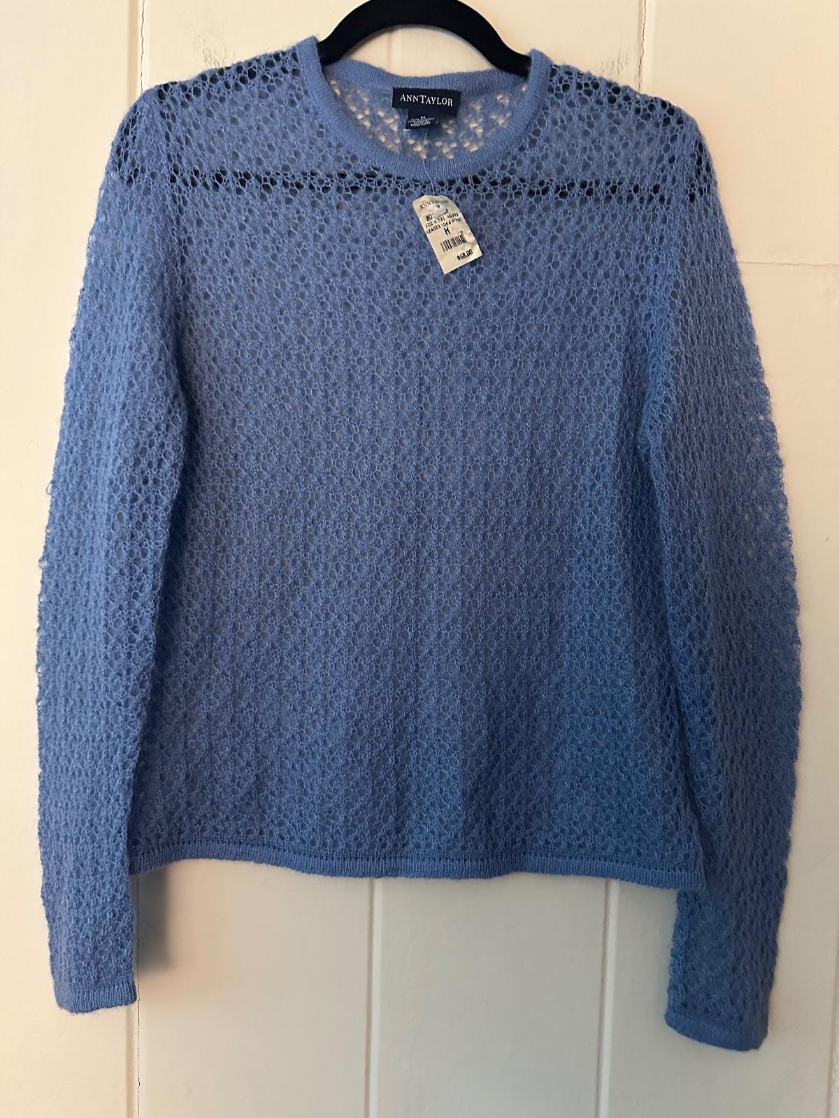 Ann Taylor, Vintage 90s Ann Taylor Mohair Blend Open Pointelle Knit Blue Sweater NWT Size M