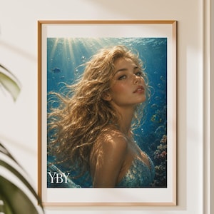 Puede incluir: Una impresión de arte mural enmarcada que muestra a una persona con cabello largo y ondulado como una sirena con una cola de escamas azules bajo el agua. La luz del sol se filtra a través de la superficie del agua. Las letras YBY aparecen en blanco.