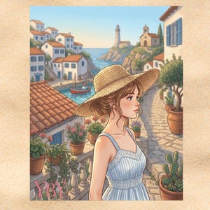 Puede incluir: Una ilustración de una persona con sombrero de paja y vestido de rayas azul claro, de pie en un camino de piedra con vistas a un pueblo costero con casas blancas, tejados de terracota, un faro y un pequeño barco en el agua azul.