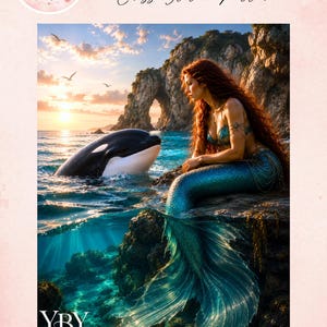Puede incluir: Un patrón de punto de cruz titulado Mermaid's greeting (Sirena y orca) que muestra a una sirena de pelo largo con una cola azul brillante sentada en una costa rocosa junto a una orca en el océano al atardecer, con la marca YBY visible.
