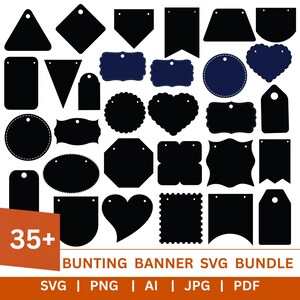 Könnte beinhalten: Eine Sammlung von über 35 schwarzen und dunkelblauen Wimpelketten-Formen in verschiedenen geometrischen, herzförmigen und gewellten Designs, jeweils mit kleinen Löchern zum Aufhängen. Der Text 35+ BUNTING BANNER SVG BUNDLE SVG | PNG | AI | JPG | PDF ist sichtbar.