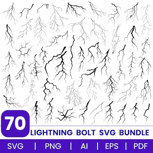 May include: A collection of seventy black and white lightning bolt illustrations in various jagged shapes and sizes. The image includes the text 70 LIGHTNING BOLT SVG BUNDLE SVG | PNG | AI | EPS | PDF at the bottom on a purple background.