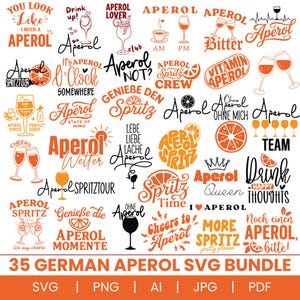 May include: A collection of 35 digital graphic designs featuring the word Aperol, cocktail glasses, orange slices, and various phrases like Aperol O'Clock, Spritz Time, and Aperol Lover in orange and black text, presented as a bundle for SVG, PNG, AI, JPG, and PDF.