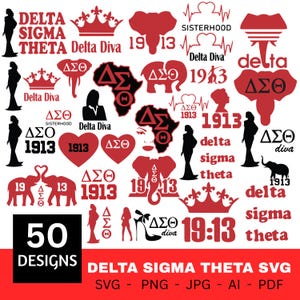 May include: A collection of 50 red and black graphic designs featuring Delta Sigma Theta imagery, including silhouettes of women, elephants, crowns, hearts, the African continent, high heels, and the text Delta Sigma Theta, 1913, and Delta Diva.