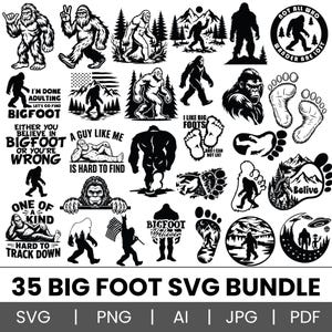 Könnte beinhalten: Eine Sammlung von 35 schwarz-weißen grafischen Illustrationen mit Bigfoot, Fußabdrücken und Berglandschaften. Die Designs zeigen verschiedene Posen der Kreatur, Texte wie "I'm done adulting", "Not all who wander are lost" und "Belive" sowie Motive mit der amerikanischen Flagge.