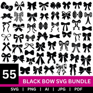 Könnte beinhalten: Eine Sammlung von 55 schwarzen Schleifen-Illustrationen in verschiedenen Formen und Stilen, einschließlich solider, gemusterter und umrissener Designs. Das Bild enthält den Text 55 BLACK BOW SVG BUNDLE und listet die Formate SVG, PNG, AI, JPG und PDF auf.
