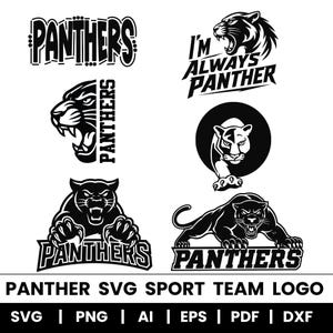 Könnte beinhalten: Eine Sammlung von sechs schwarz-weißen Panther-Grafikdesigns mit brüllenden Pantherköpfen, Ganzkörper-Pantherillustrationen sowie dem Text PANTHERS und I'M ALWAYS PANTHER. Diese Vektor-Logos eignen sich für Sportteam-Markenauftritte.