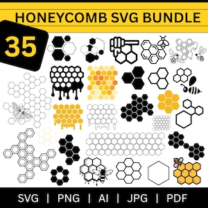 Könnte beinhalten: Eine digitale Sammlung mit dem Titel HONEYCOMB SVG BUNDLE, die 35 grafische Designs von hexagonalen Wabenmustern, Bienen und Honiglöffeln in Schwarz, Weiß und Gelb enthält. Die unten aufgeführten Dateiformate sind SVG, PNG, AI, JPG und PDF.