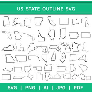Könnte beinhalten: Eine digitale Sammlung von schwarzen Umrisskarten aller fünfzig US-Bundesstaaten, angeordnet in einem Raster. Das obere Banner zeigt den Text US STATE OUTLINE SVG, und das untere Banner listet die Dateiformate SVG, PNG, AI, JPG und PDF auf.