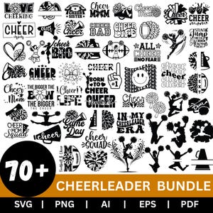 May include: A digital collection of over 70 black and white cheerleading-themed graphic designs featuring silhouettes of cheerleaders, pom-poms, megaphones, footballs, and various typography including phrases like Cheer Mom, Cheer Life, and In My Cheerleader Era.