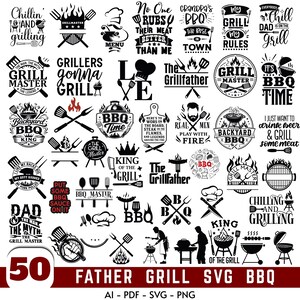 May include: A collection of 50 black and white digital graphic designs featuring barbecue themes, grill equipment, and text phrases like Grill Master, The Grillfather, and BBQ Time, presented in a grid layout for crafting and design projects.
