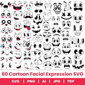 May include: A collection of 60 black and white cartoon facial expressions featuring various eyes, mouths, and eyebrows. The graphic includes diverse emotions like joy, sadness, anger, and surprise. Text at the bottom reads 60 Cartoon Facial Expression SVG.