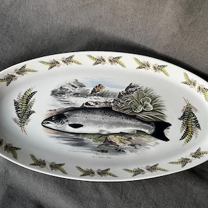 Puede incluir: Una bandeja de servicio ovalada de cerámica blanca con una ilustración central de un salmón en un entorno fluvial con rocas y vegetación. El texto SALMON y Salmo salar está impreso bajo el pez. El borde está decorado con patrones de helechos.