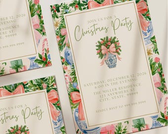 May include: Three rectangular Christmas party invitations with a cream center and a border featuring watercolor greenery, pink bows, blue and white vases, and gifts. The text reads: JOIN US FOR A Christmas Party, SATURDAY, DECEMBER 12, 2026.