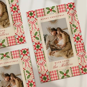 May include: Three rectangular Christmas cards featuring a central photograph of a family reading a book. The border displays a watercolor pattern of red and green quilt blocks, pink bows, and holly sprigs. Text reads MERRY CHRISTMAS and WITH LOVE, the Millers.