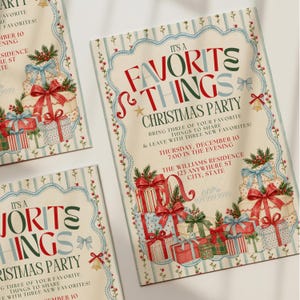 May include: A rectangular Christmas party invitation card featuring the text "It's a Favorite Things Christmas Party" in red and blue, surrounded by a decorative border, illustrations of stacked gift boxes with bows, and holly sprigs.