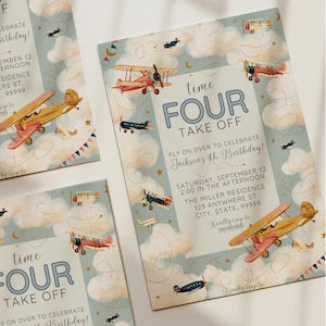 May include: A set of birthday invitation cards featuring watercolor illustrations of vintage biplanes, clouds, stars, and moons. The text reads: time FOUR TAKE OFF, FLY ON OVER TO CELEBRATE Jackson's 4th Birthday, SATURDAY, SEPTEMBER 12, 2:00 IN THE AFTERNOON.