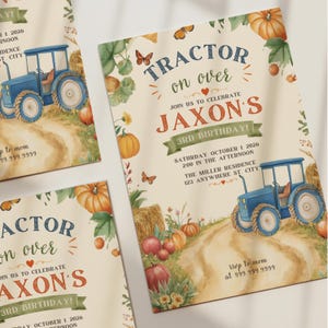 Może przedstawiać: Zaproszenie urodzinowe z niebieskim traktorem, pomarańczowymi dyniami i motylami na kremowym tle. Tekst brzmi: TRACTOR on over JOIN US TO CELEBRATE JAXON'S 3RD BIRTHDAY! SATURDAY, OCTOBER 1, 2026, 2:00 IN THE AFTERNOON.