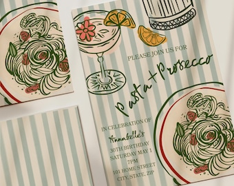 Può includere: Un biglietto d'invito rettangolare con sfondo a righe verticali azzurre e bianche. Presenta illustrazioni di un bicchiere da cocktail con una fetta d'arancia, un piatto di pasta e il testo: PLEASE JOIN US FOR Pasta + Prosecco IN CELEBRATION OF Annabelle's 30TH BIRTHDAY SATURDAY MAY 1 7PM 101 HOME STREET CITY, STATE, ZIP.