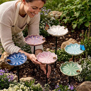 May include: A collection of six flower-shaped ceramic bird baths on black metal stakes, featuring glossy finishes in white, purple, blue, pink, light blue, and green. Each dish has a scalloped edge and a central textured pattern for water.