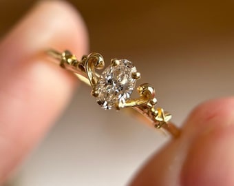 Anillo de compromiso ovalado de moissanita, solitario de filigrana de oro vintage, anillo de promesa celestial