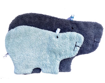 Set of 2: Large and small PAULINCHEN hot water bottles made of organic terry cloth. Large in blue whale gray. Small in light blue