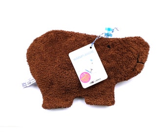 Natural rubber hot water bottle with brown bear organic terry cloth cover