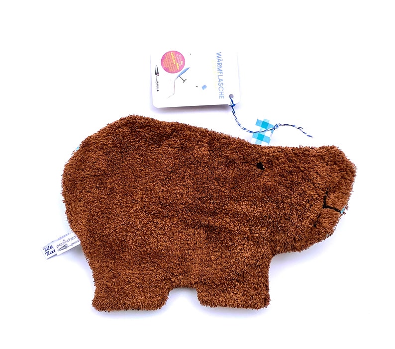 Natural rubber hot water bottle with brown bear organic terry cloth cover image 2