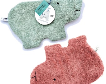 Set of 2: small PAULINCHEN hot water bottles made of organic terry cloth. Light blue and berry