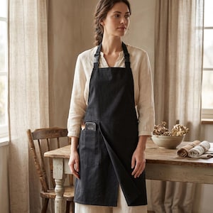 May include: A solid black apron featuring an adjustable neck strap with a plastic buckle, a large front pocket containing a smartphone, and a side slit. The apron is worn over a long-sleeved beige shirt, providing a clean and functional design.