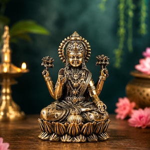 Lakshmi-staty i massiv mässing, 5 cm gudinna Murti, lotusstaty, tempeldekoration för hemmet