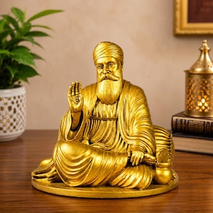 Handmade Guru Nanak Dev Ji Idol | Gold Finish Sikh Meditation Sculpture