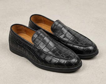 Men's Black Crocodile Embossed Loafers | Slip-On Dress Shoes with Comfort Sole | Smart Casual & Formal Men's Footwear