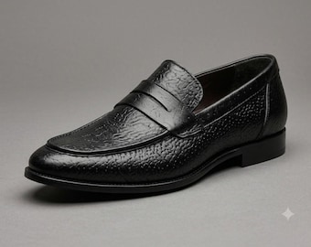 Black Penny Loafers for Men, Handmade Leather Slip Ons, Business Casual Shoes, Dress Footwear, Wedding Gift For Him
