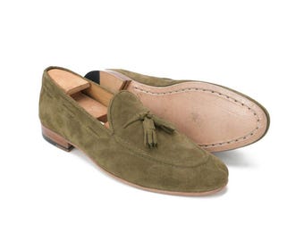 Olive Green Suede Loafers Men, Leather Tassel Dress Shoes, Handmade Suede Slip On Moccasins, Mens Smart Casual Footwear, Wedding Loafer