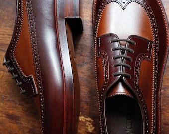 Brown Brogue Oxfords for Men, Handmade Leather Dress Shoes, Wingtip Formal Footwear, Business Wedding Attire, Luxury Gift For Him