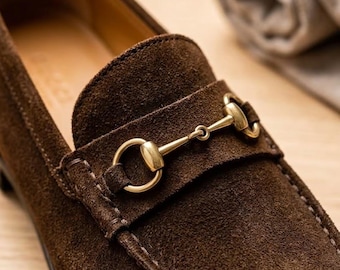 Dark Brown Suede Horsebit Loafers Men, Gold Buckle Slip On Dress Shoes, Classic Apron Toe Moccasins, Handmade Smart Casual Shoes, Suede