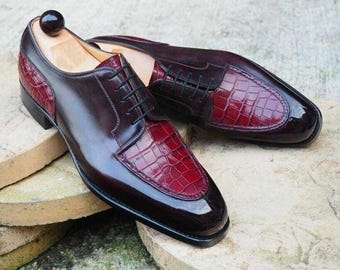 Burgundy Croc Dress Shoes for Men, Handmade Leather Oxfords, Luxury Formal Footwear, Wedding Attire, Executive Gift For Him