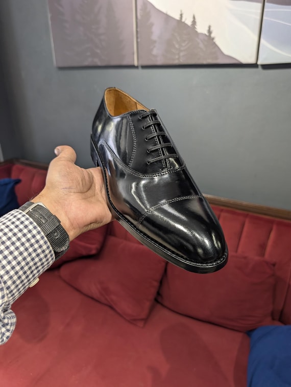 Black Cap Toe Oxford Men, High Shine Leather Dress Shoes, Formal Lace Up Tuxedo Footwear, Classic Wedding Shoes, Handmade Groom Shoes