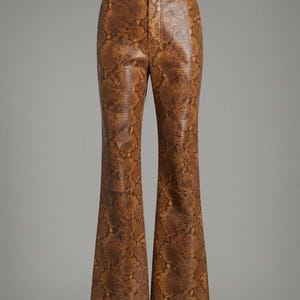 Snake Print Leather Flare Pants, Womens High Waist Trousers, Handmade Statement Bottoms, Retro Inspired Fashion, Luxury Streetwear