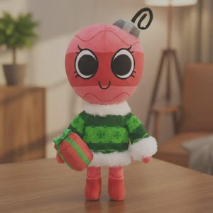 May include: A plush toy shaped like a round pink and red Christmas ornament with a grey cap and a black loop. The figure wears a green knit sweater with white faux fur trim at the collar and cuffs, and holds a small red gift with a green ribbon.