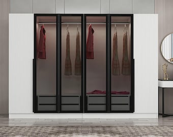 Modern 6-Door White Wardrobe with Glass Doors, Large Wooden Bedroom Armoire, Contemporary Closet Organizer, Luxury Clothes Storage Cabinet