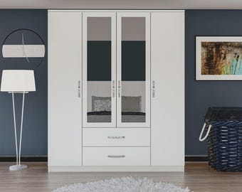 Esil Mirrored Wardrobe Cabinet, 4 Door Wooden Armoire with Drawers, Minimalist Bedroom Storage, Clothes Organizer, Sleek White Wardrobe
