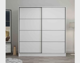 White Sliding Door Wardrobe, Modern 2 Door Armoire, Large Wooden Closet Organizer, Minimalist Bedroom Storage, Heavy Duty Clothes Cabinet