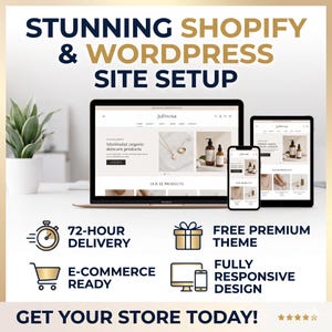 May include: A digital display showing a Shopify and WordPress site setup service. The image features a laptop, tablet, and smartphone displaying a skincare website, with text icons for 72-hour delivery, free premium theme, e-commerce ready, and fully responsive design.