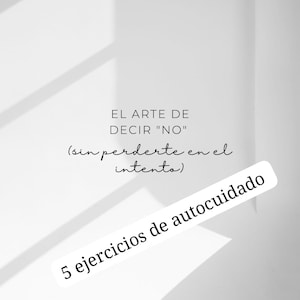 May include: A white book cover with black text reading Cotidianamente, EL ARTE DE DECIR "NO" (sin perderte en el intento), 5 ejercicios de autocuidado, and Autor: E. Natalia Romero. The design features a clean, minimalist layout with shadows.