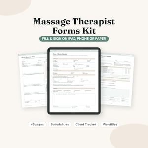 Puede incluir: Un kit digital de formularios para masajistas con un formulario New Client Intake en una tableta, flanqueado por documentos SOAP Session Note y Tissue Consent. El texto dice Massage Therapist Forms Kit, Fill & Sign on iPad, Phone or Paper.